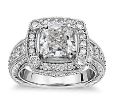 Bella Vaughan for Blue Nile Empire Cushion Halo Hand-Engraved Engagement Ring in Platinum (1.25 ct. tw.)